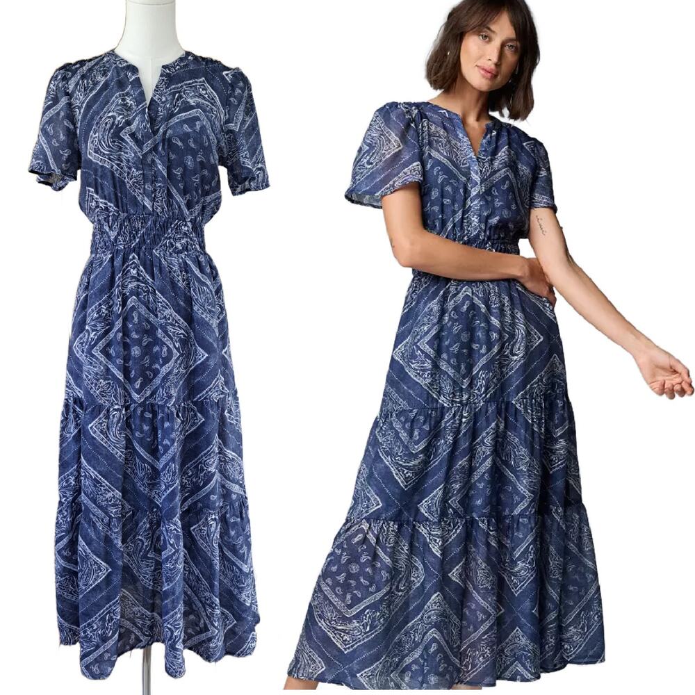 Simply Vera Wang A-line Smocked Waist Maxi Dress Small Blue Bandana Print